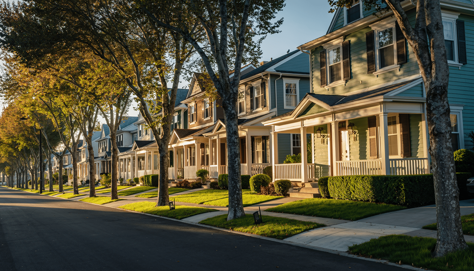 Row of houses along suburban street in King Lincoln Bronzeville, Columbus Ohio
